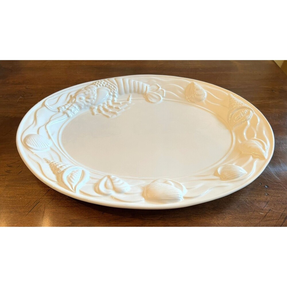 Vintage Portuguese Majolica Large White Ceramic Seafood Platter Dish  18.5 x 14